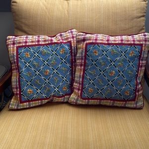 Plaid and Floral Blue Decorative Pillows